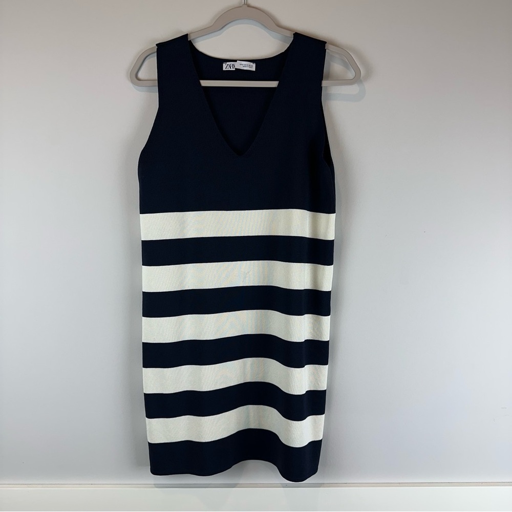 Zara Dark Navy Blue White Stripe Sleeveless Casual Party Mini Dress Size Medium